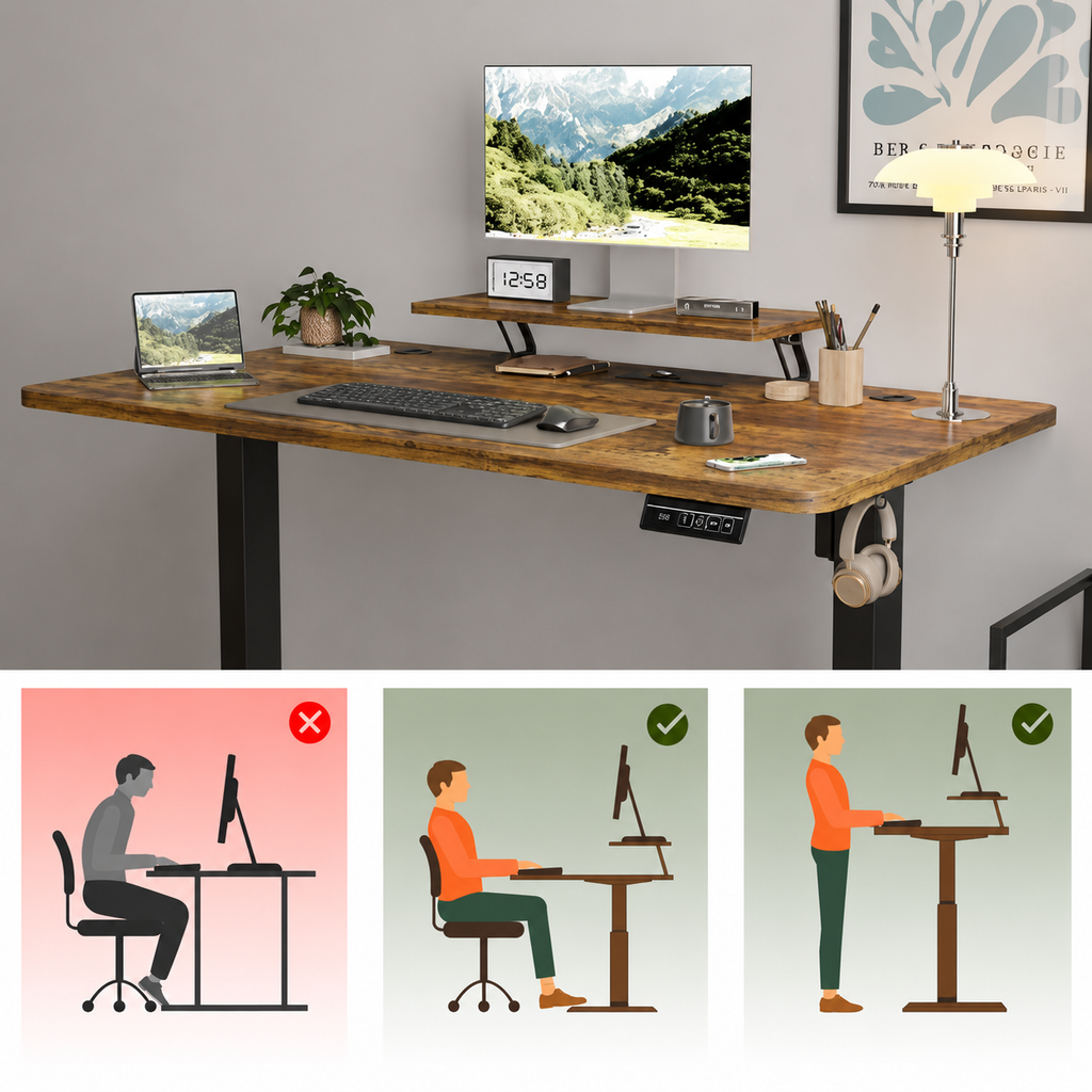 Bureau Électrique Réglable en Hauteur 160x70cm – Assis Debout avec Support Écran
