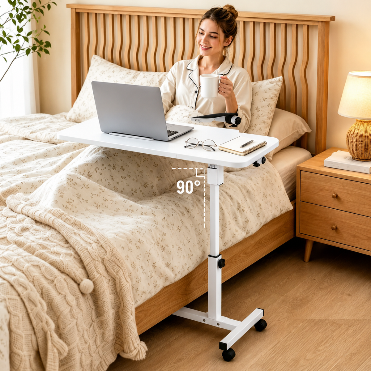 Table de Lit Mobile Réglable en Hauteur avec Plateau Inclinable – Sur Roulettes