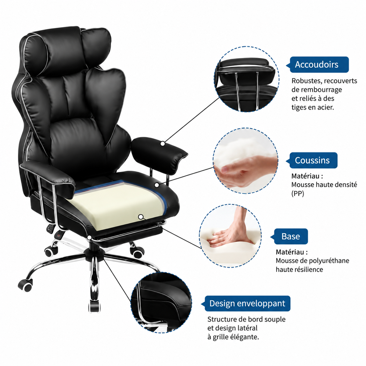 Chaise de Bureau Ergonomique en Cuir avec Repose-pieds et Coussin à Ressort