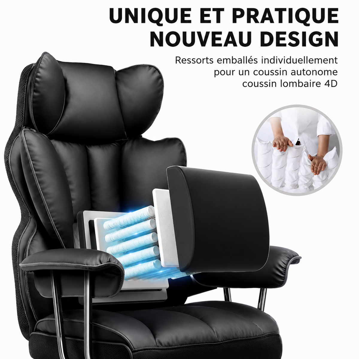 Chaise de Bureau Ergonomique en Cuir avec Repose-pieds et Coussin à Ressort