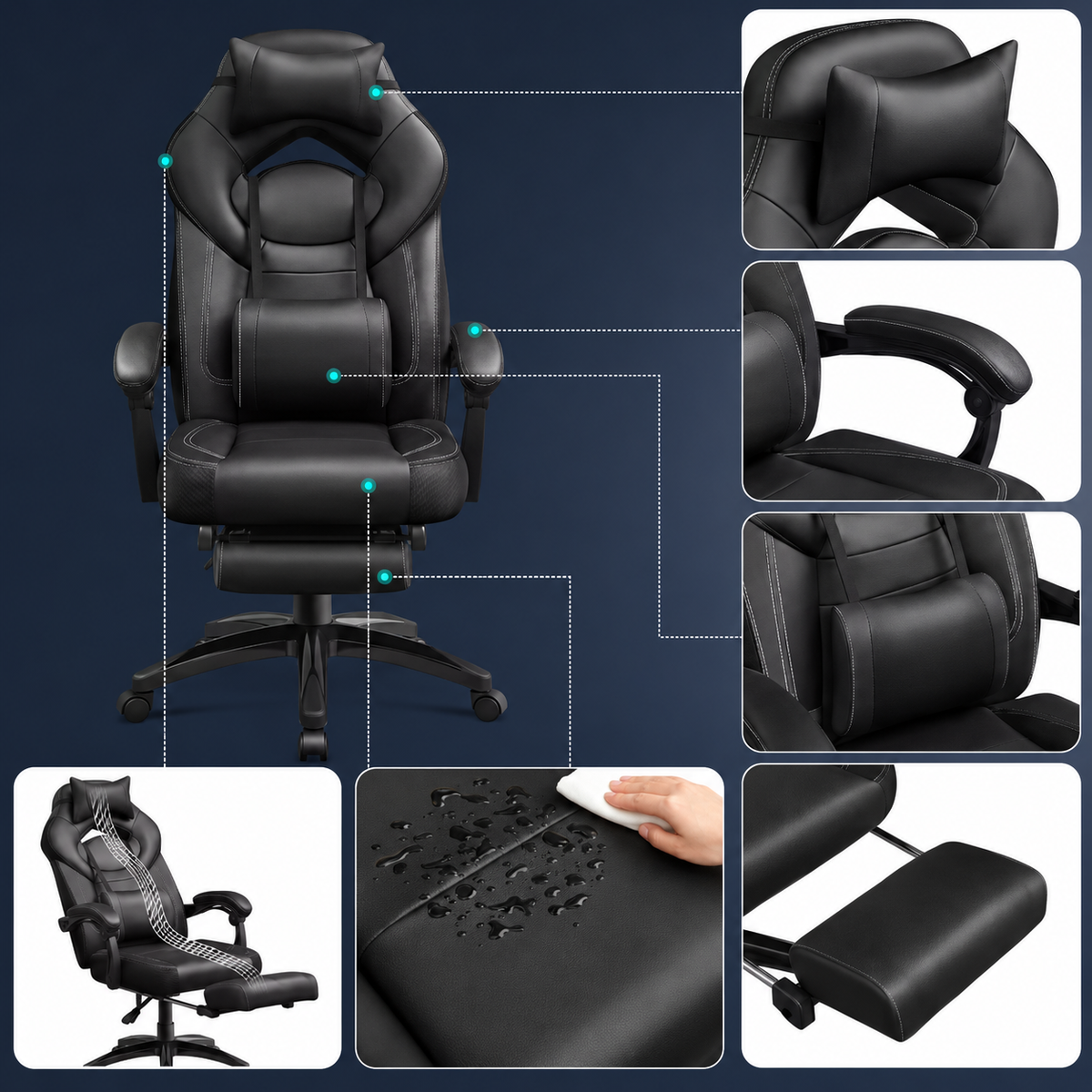 Fauteuil Gamer Ergonomique avec Repose-pieds Télescopique et Support Lombaire – Noir
