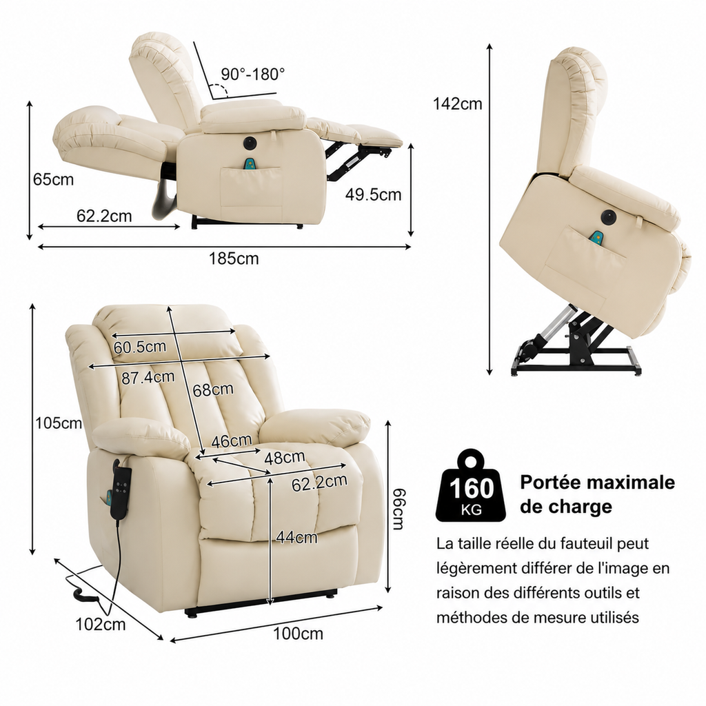 Fauteuil Relax Électrique Double Moteur avec Massage 8 Points et Chauffage Lombaire