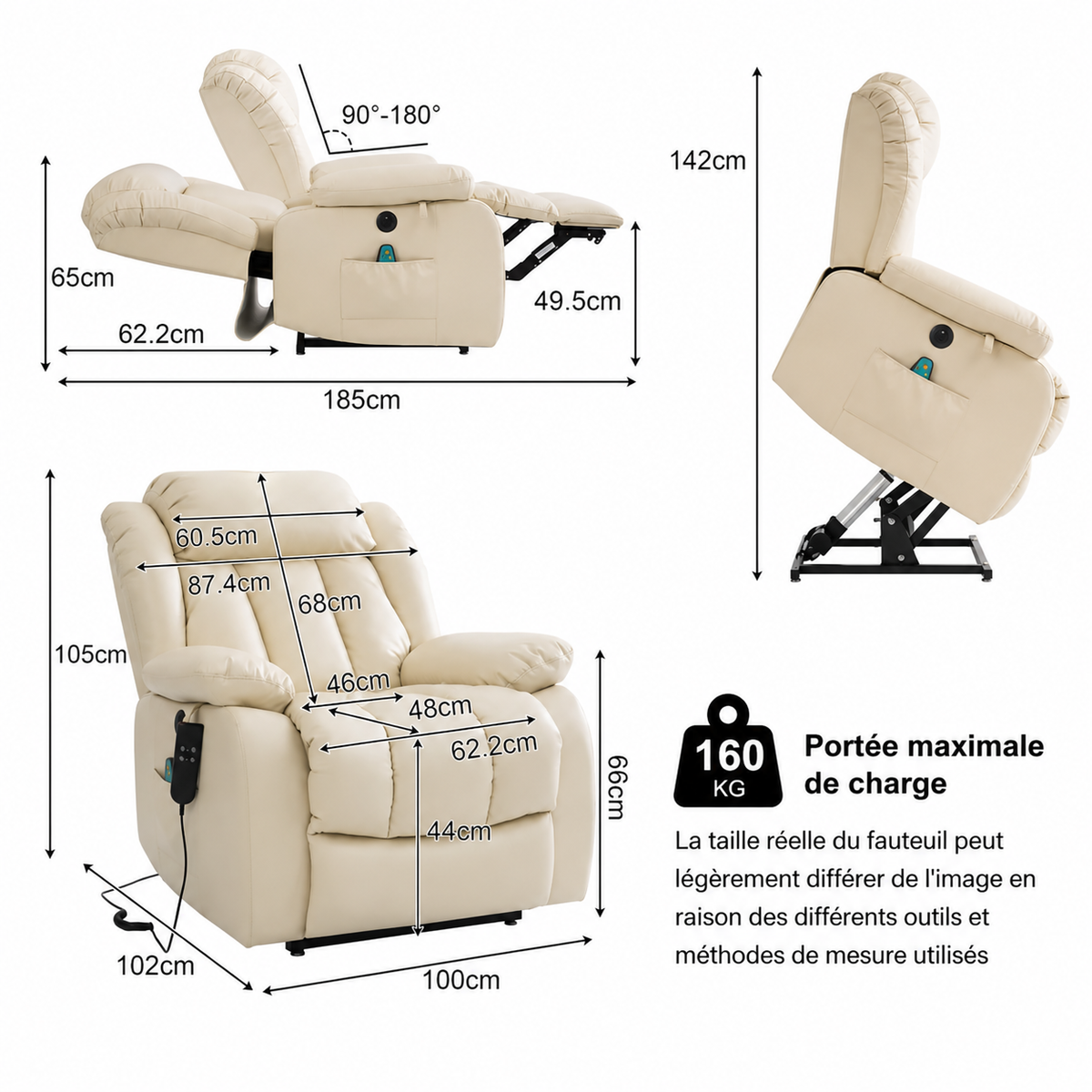 Fauteuil Relax Électrique Double Moteur avec Massage 8 Points et Chauffage Lombaire