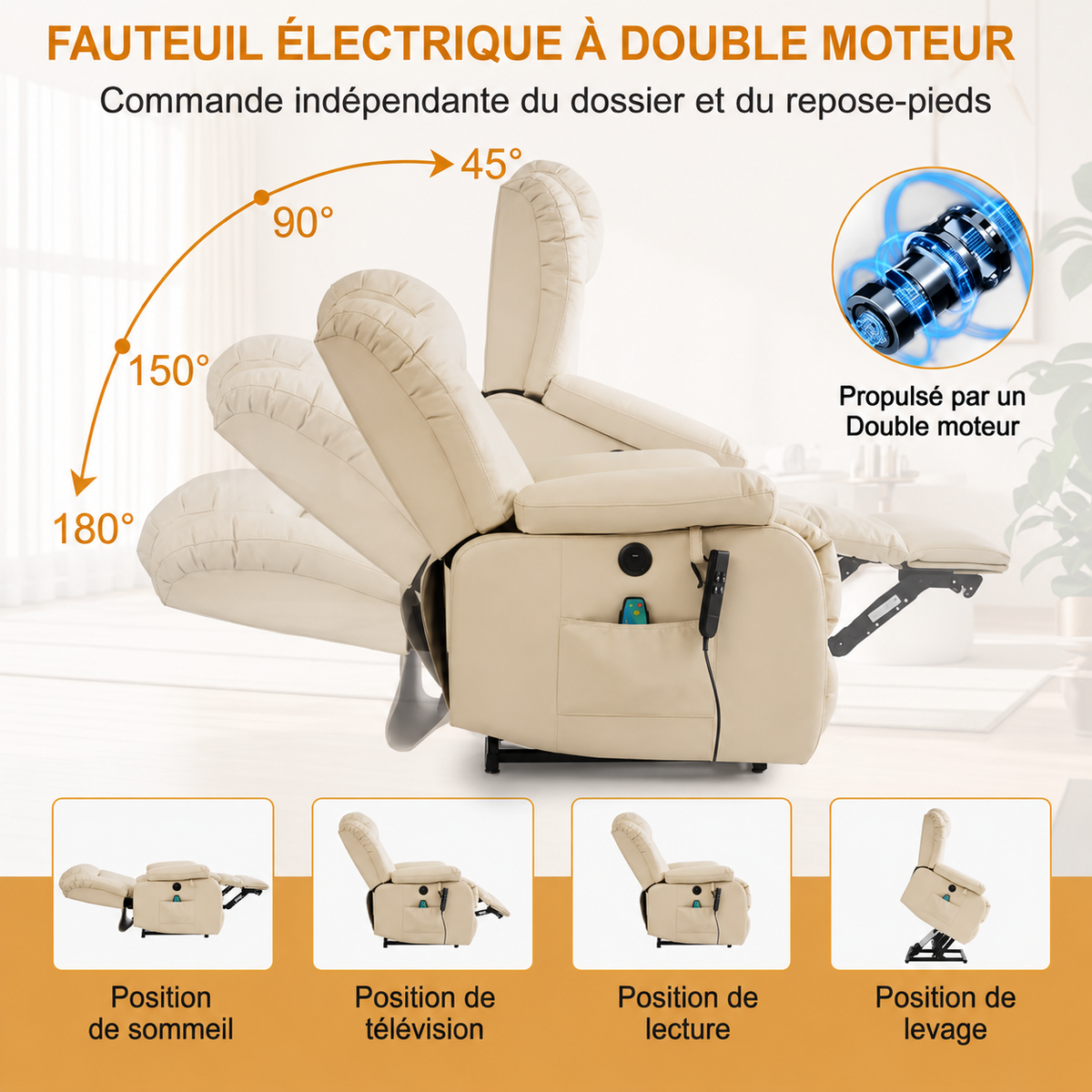 Fauteuil Relax Électrique Double Moteur avec Massage 8 Points et Chauffage Lombaire