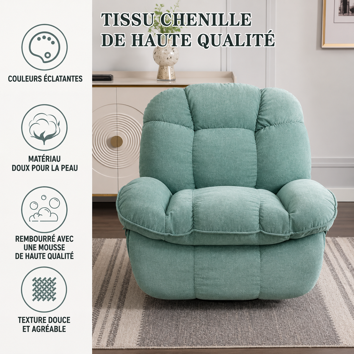 Fauteuil de Massage Électrique Pivotant avec Airbags Multizones – Vert Menthe