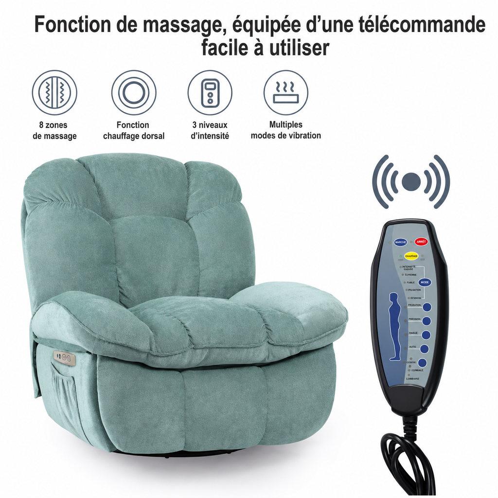 Fauteuil de Massage Électrique Pivotant avec Airbags Multizones – Vert Menthe
