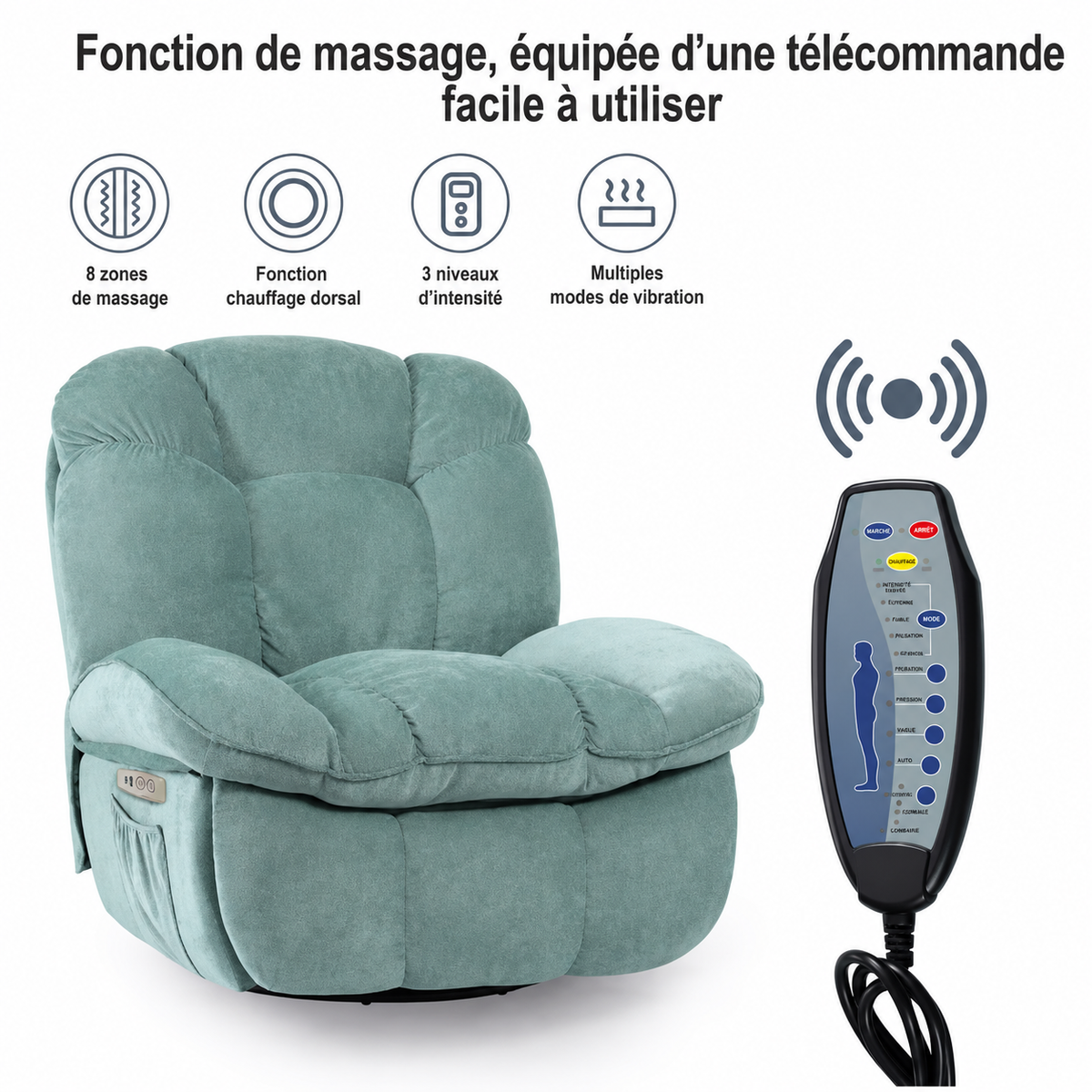 Fauteuil de Massage Électrique Pivotant avec Airbags Multizones – Vert Menthe