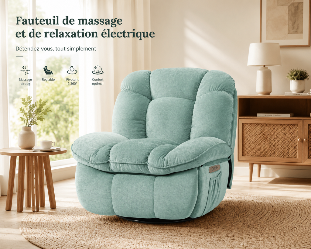 Fauteuil de Massage Électrique Pivotant avec Airbags Multizones – Vert Menthe
