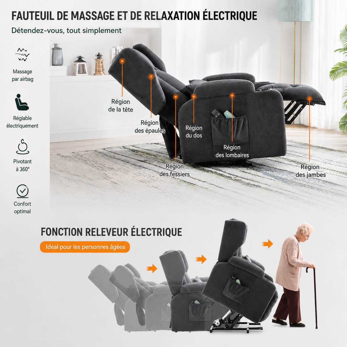 Fauteuil Relax Releveur Électrique Massant et Chauffant – Aide à la Position Debout