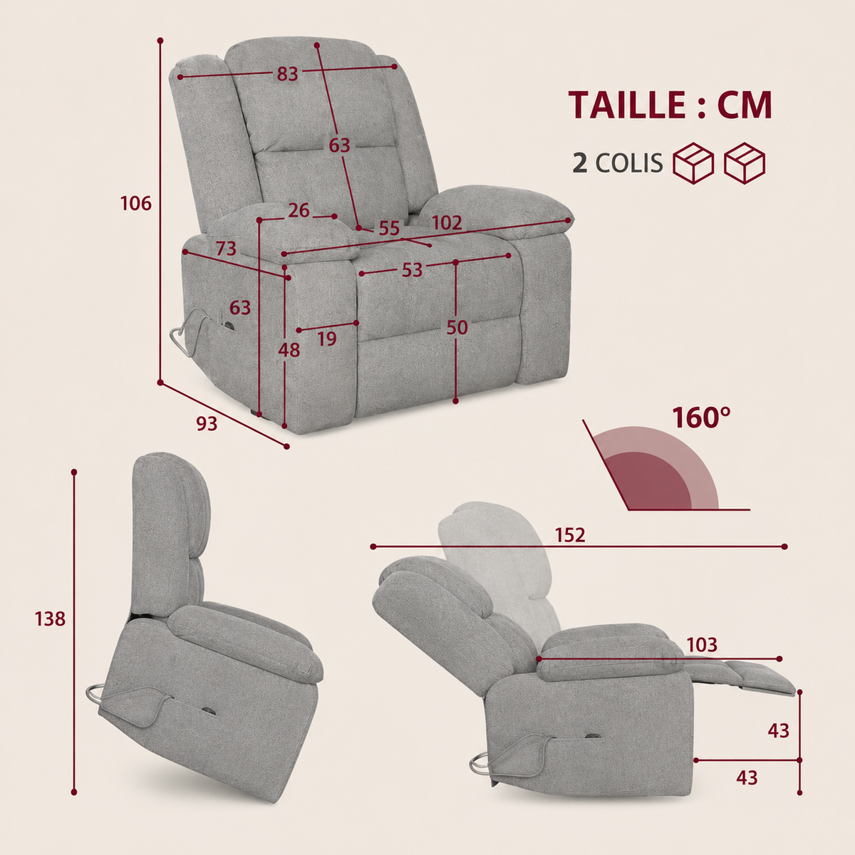 Fauteuil Relax Releveur Électrique avec Massage 8 Points et Chauffage Lombaire