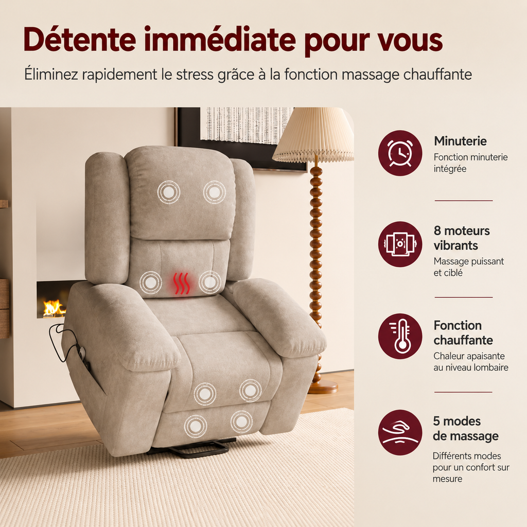 Fauteuil Relax Releveur Électrique avec Massage 8 Points et Chauffage Lombaire