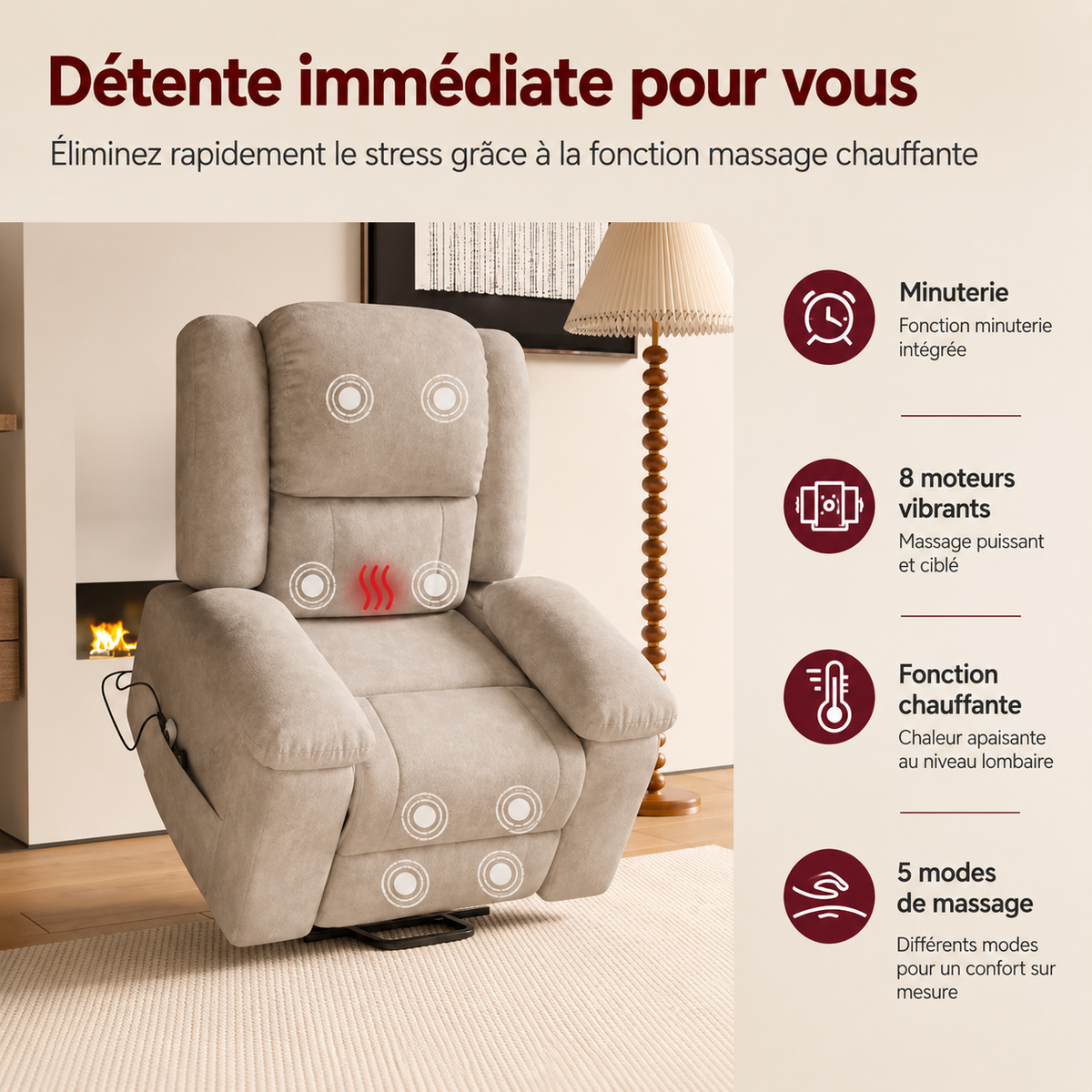 Fauteuil Relax Releveur Électrique avec Massage 8 Points et Chauffage Lombaire
