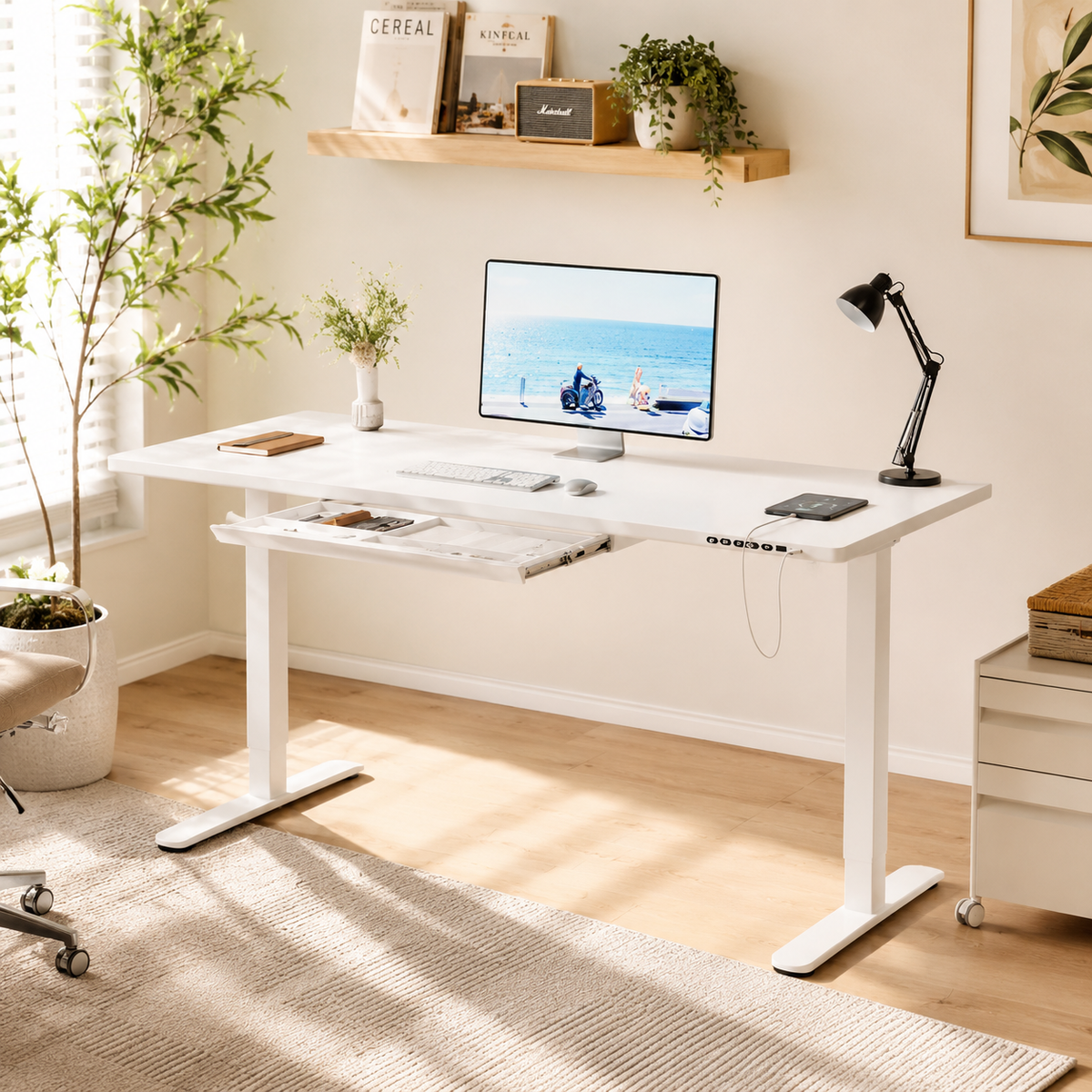 Bureau Électrique Réglable en Hauteur 140x70cm en Verre avec Tiroir – Commande Tactile