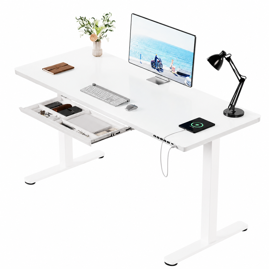 Bureau Électrique Réglable en Hauteur 140x70cm en Verre avec Tiroir – Commande Tactile
