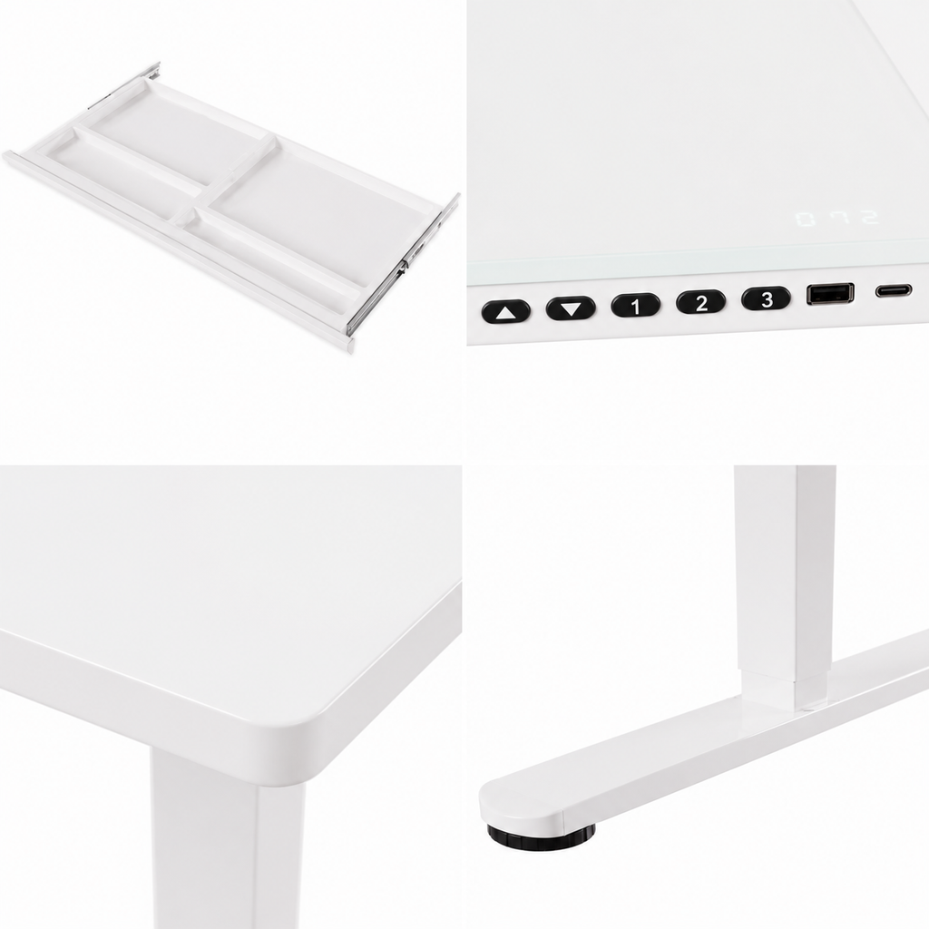 Bureau Électrique Réglable en Hauteur 140x70cm en Verre avec Tiroir – Commande Tactile