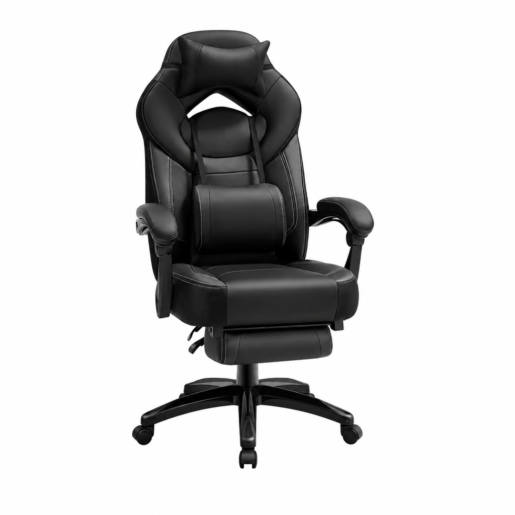 Fauteuil Gamer Ergonomique avec Repose-pieds Télescopique et Support Lombaire – Noir
