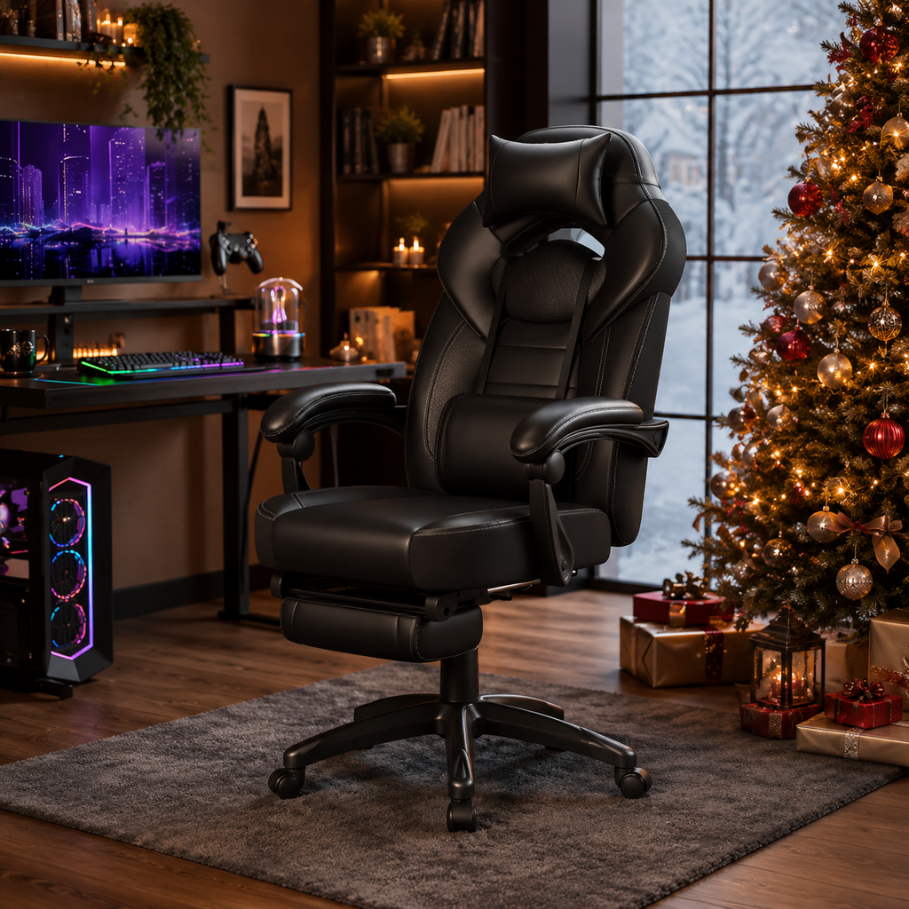 Fauteuil Gamer Ergonomique avec Repose-pieds Télescopique et Support Lombaire – Noir