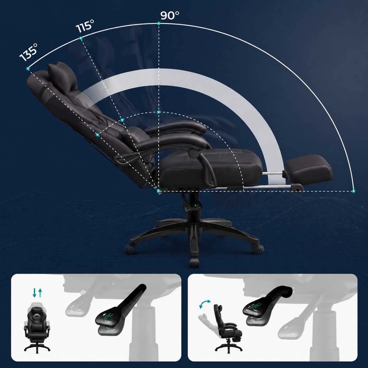 Fauteuil Gamer Ergonomique avec Repose-pieds Télescopique et Support Lombaire – Noir