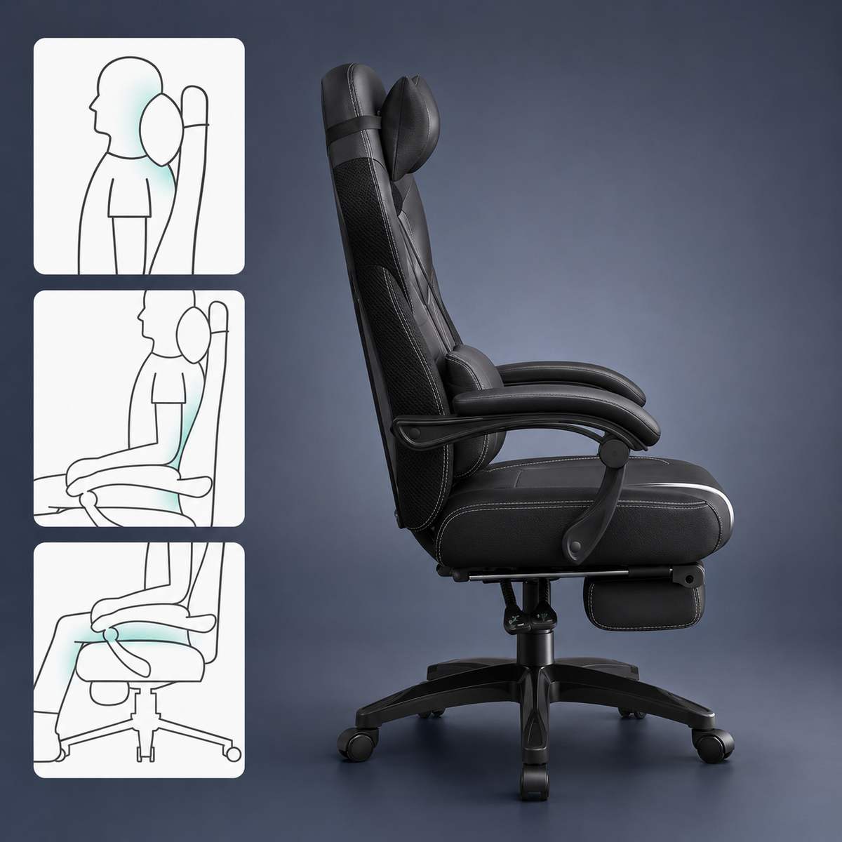 Fauteuil Gamer Ergonomique avec Repose-pieds Télescopique et Support Lombaire – Noir