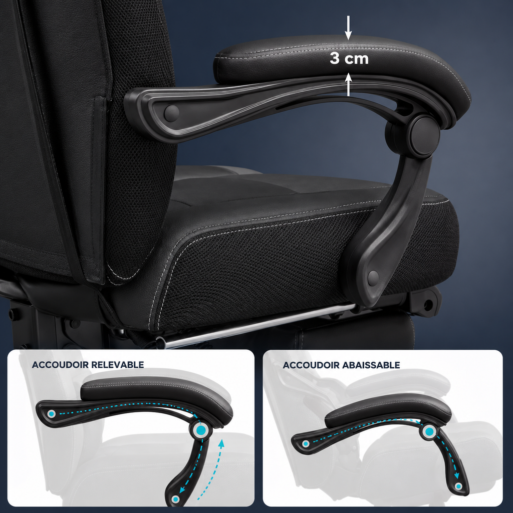 Fauteuil Gamer Ergonomique avec Repose-pieds Télescopique et Support Lombaire – Noir