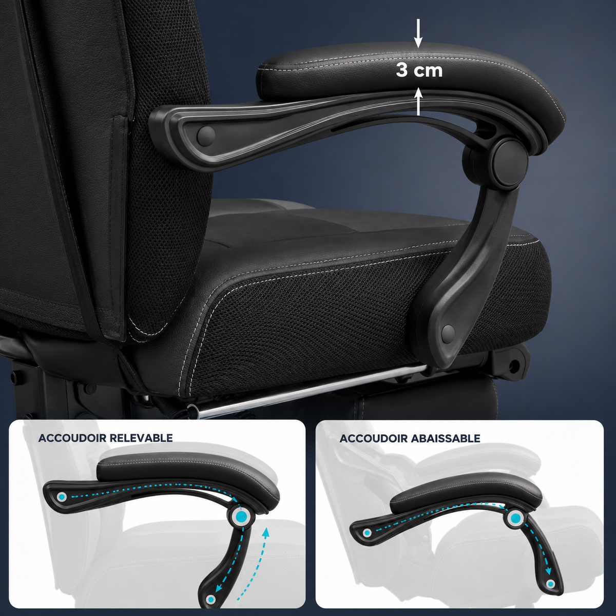 Fauteuil Gamer Ergonomique avec Repose-pieds Télescopique et Support Lombaire – Noir