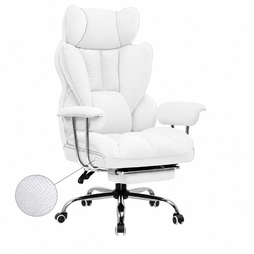Chaise de Bureau Ergonomique en Cuir avec Repose-pieds et Coussin à Ressort