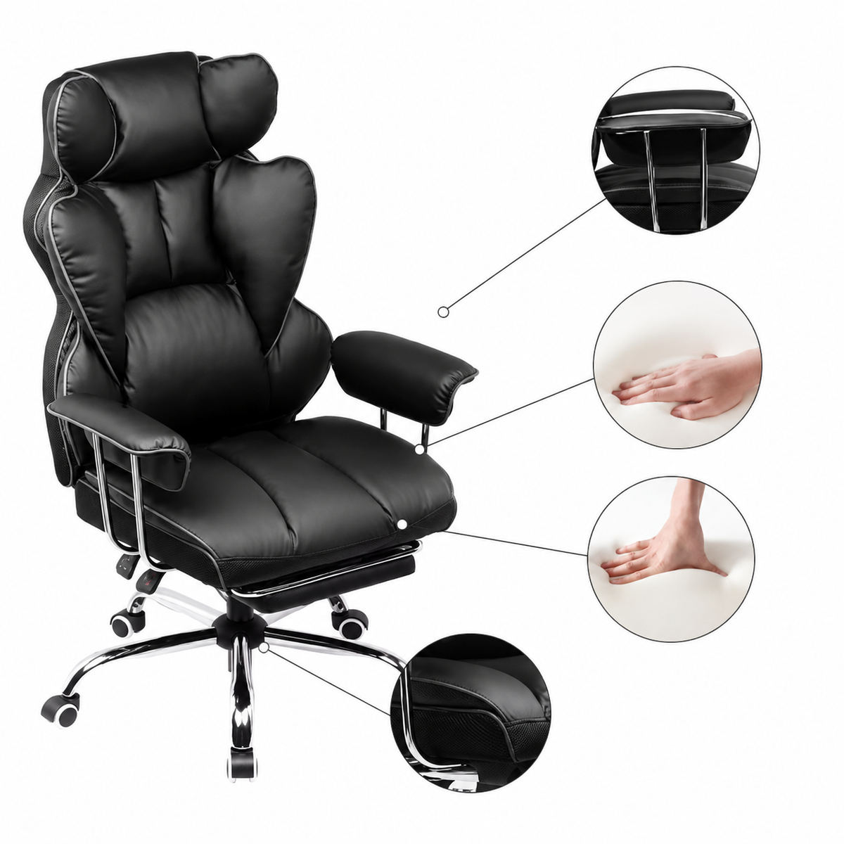 Chaise de Bureau Ergonomique en Cuir avec Repose-pieds et Coussin à Ressort