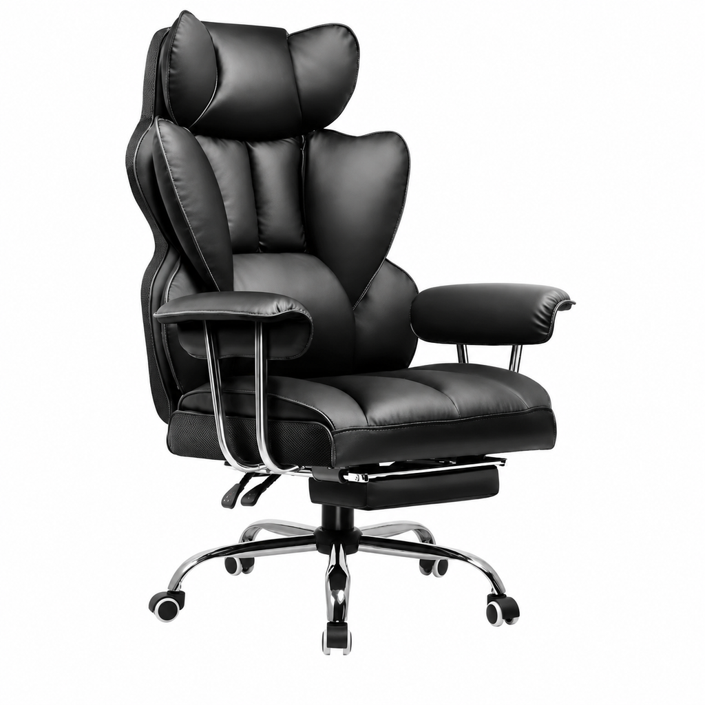 Chaise de Bureau Ergonomique en Cuir avec Repose-pieds et Coussin à Ressort