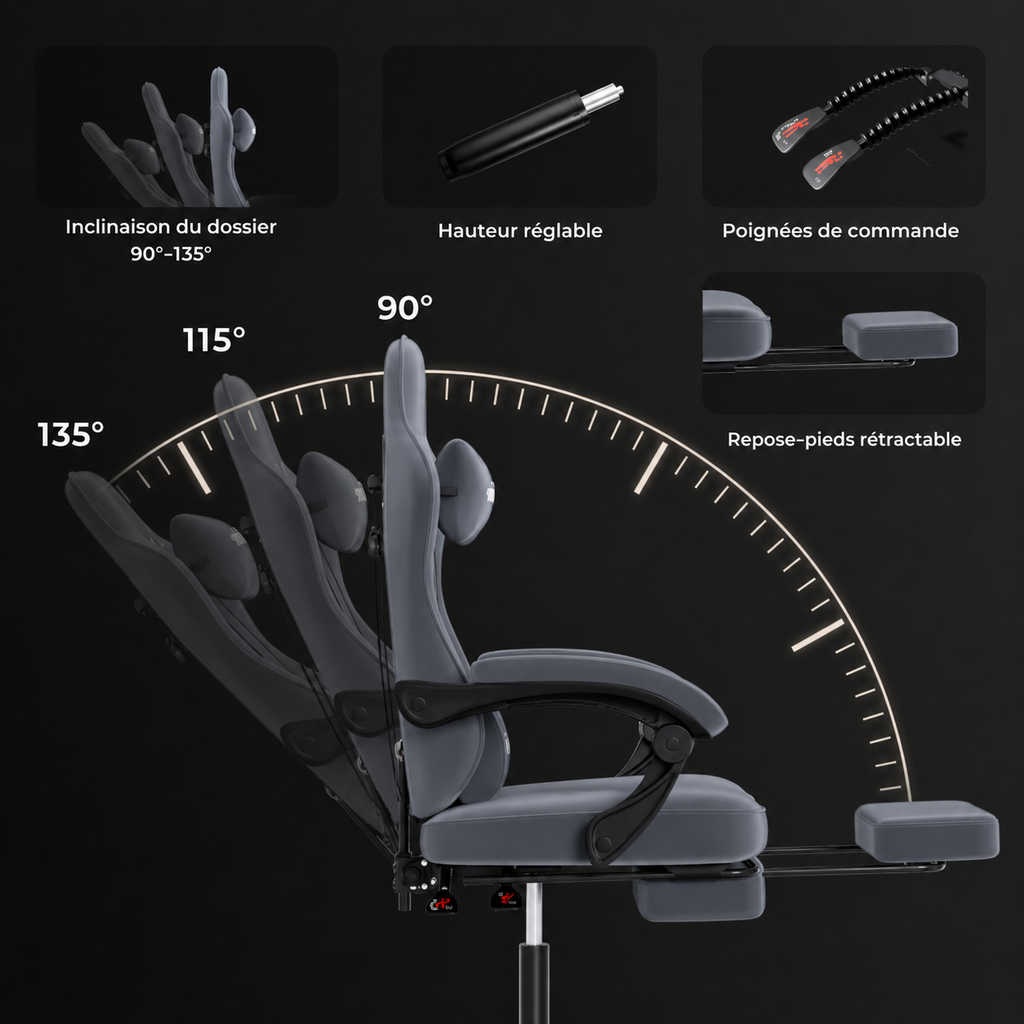 Fauteuil de Bureau Ergonomique Inclinable – Repose-Pieds Rétractable & Support Lombaire