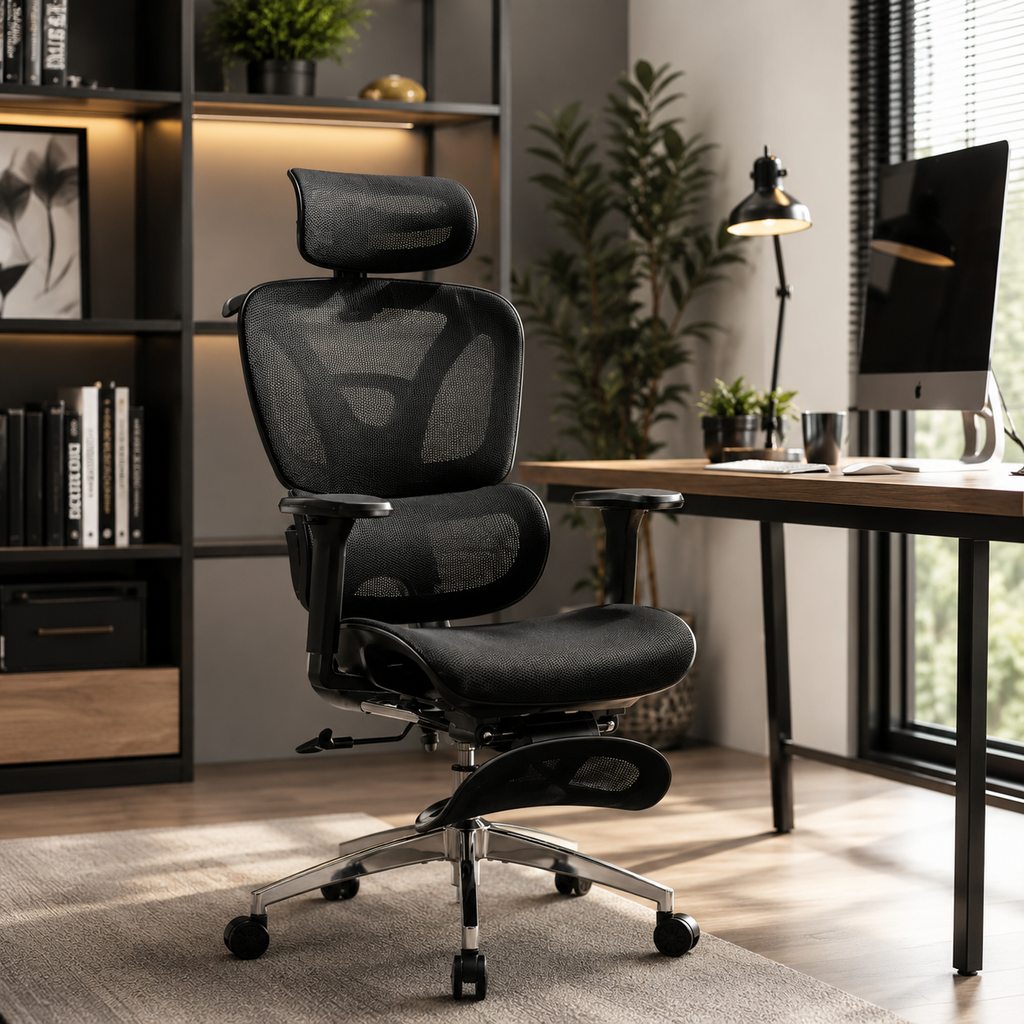 Chaise de Bureau Ergonomique à Dossier Haut – Maille Respirante, Appui-Tête et Repose-Pieds Réglables