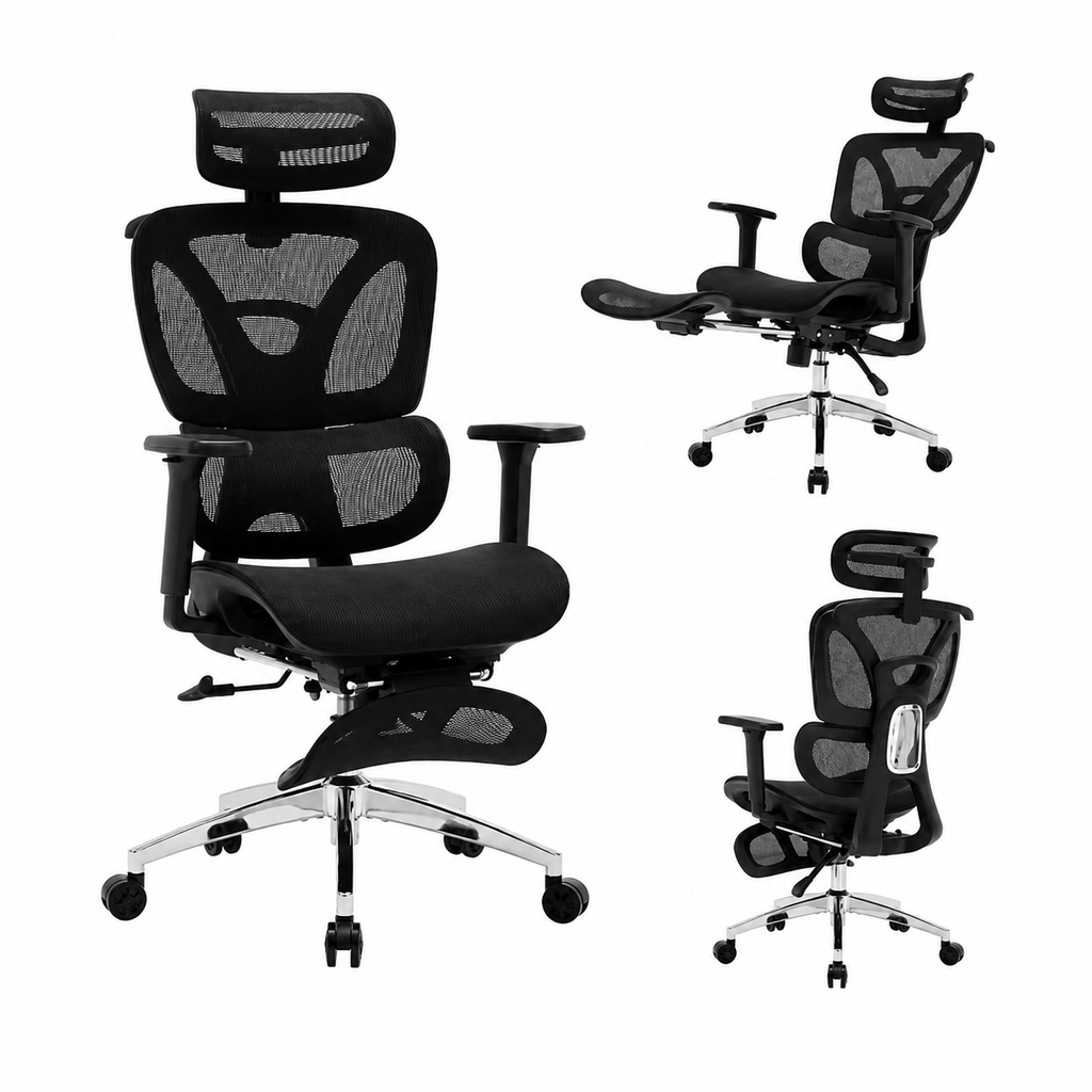 Chaise de Bureau Ergonomique à Dossier Haut – Maille Respirante, Appui-Tête et Repose-Pieds Réglables