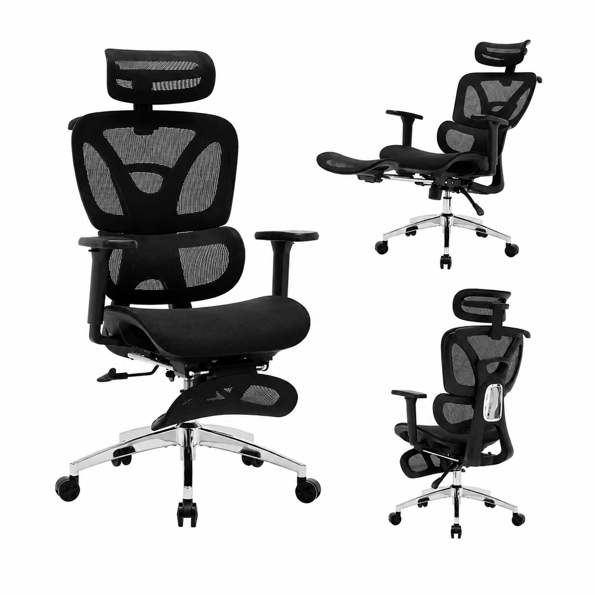 Chaise de Bureau Ergonomique à Dossier Haut – Maille Respirante, Appui-Tête et Repose-Pieds Réglables