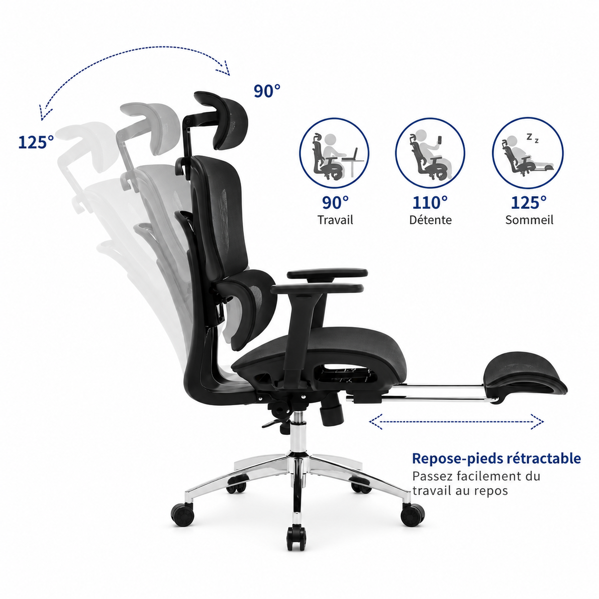 Chaise de Bureau Ergonomique à Dossier Haut – Maille Respirante, Appui-Tête et Repose-Pieds Réglables