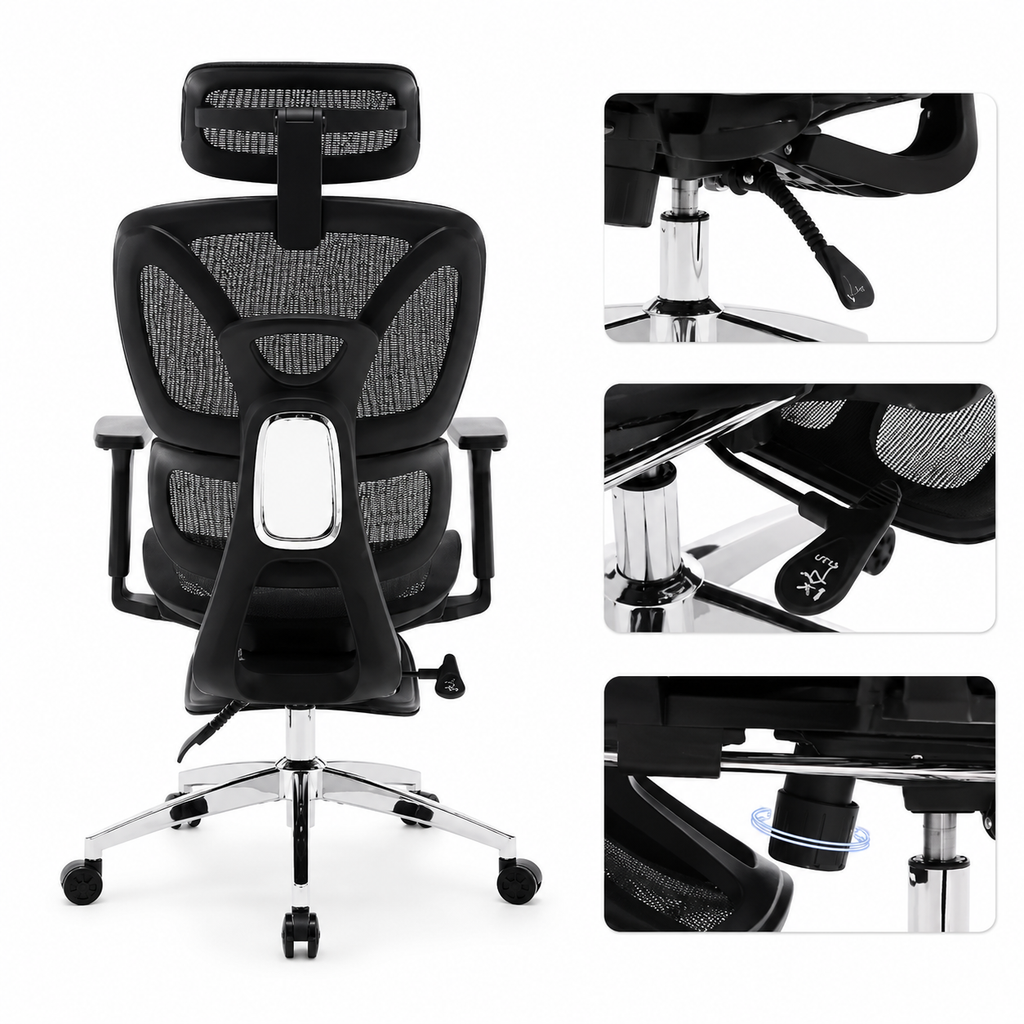 Chaise de Bureau Ergonomique à Dossier Haut – Maille Respirante, Appui-Tête et Repose-Pieds Réglables